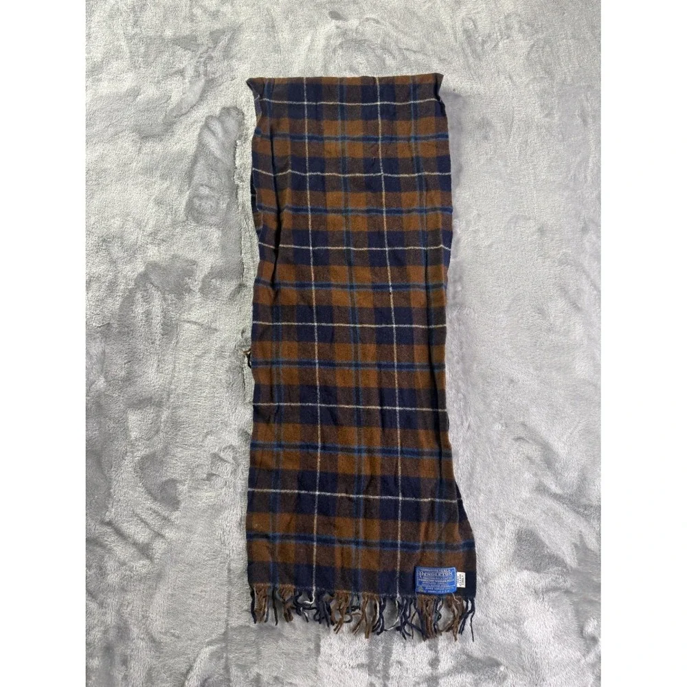 Pendleton Men's Scarf One Size Brown Woven Brand Label Wool Fringe Plaid IN USA
